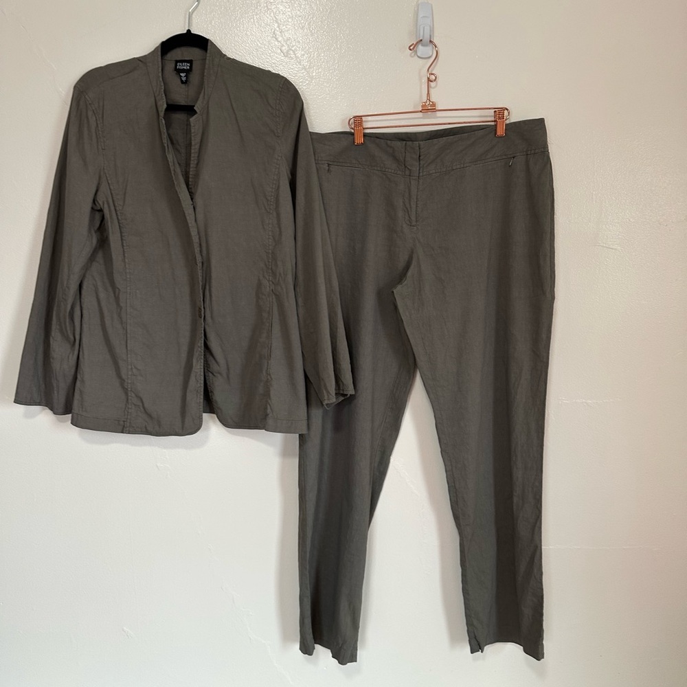 Eileen Fisher Linen Blend Blazer & Pant Set, Suit, Dark Taupe, Size Large